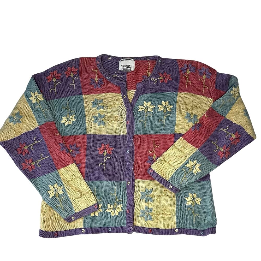Vintage Hand Embroidered Floral Patchwork Cardigan Grandma Sweater Spring Size L